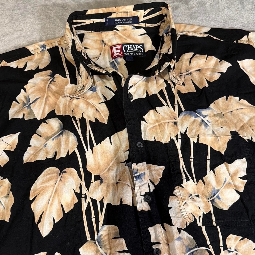 90s Vintage Chaps Ralph Lauren Hawaiian Shirt | Black & Tan | Large